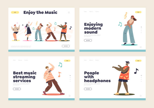 ilustrações de stock, clip art, desenhos animados e ícones de streaming services and headphones for listening music landing pages with people wear earphones - animated cartoon music teens arts and entertainment