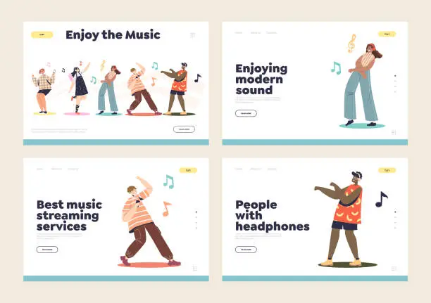 Vector illustration of Streaming services and headphones for listening music landing pages with people wear earphones