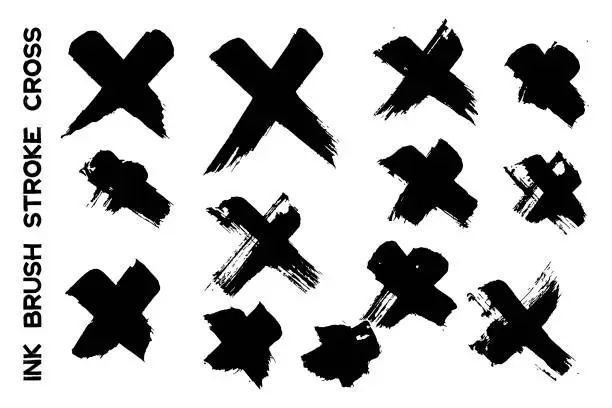 Vector illustration of Set of black ink brush stroke cross. Chinese calligraphy black brushes letter X isolated on white background. Dirty abstract grunge artistic design element  poster, banner, flyer. Vector illustration