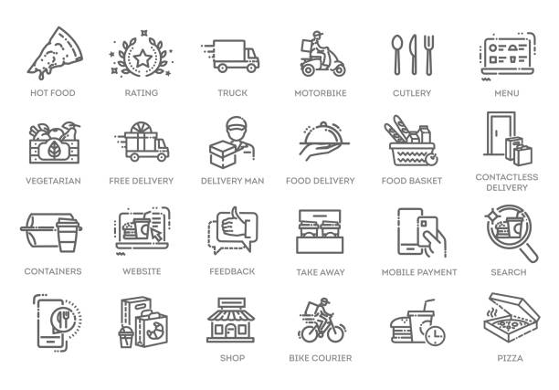 Food delivery service icons set. Outline set of food delivery service vector icons Food delivery - thin line web icon set. Outline icons collection serving food and drinks stock illustrations