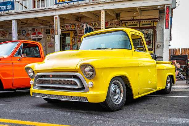 Virginia City, NV - July 31, 2021: 1957 Chevrolet Task Force 3100 Stepside pickup truck at a local car show.