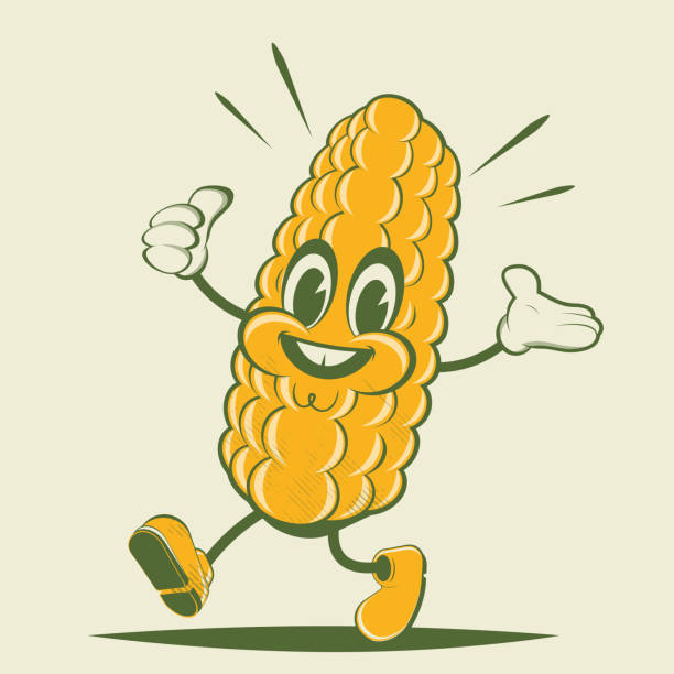 ilustraciones, imágenes clip art, dibujos animados e iconos de stock de divertida ilustración de dibujos animados retro de maíz - sonriendo dibujos animados alegre maíz vegetal