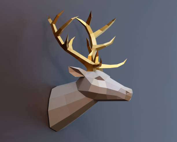 istock low poly deer trophy golden horns in profile, gray background, 3d render 1341326684
