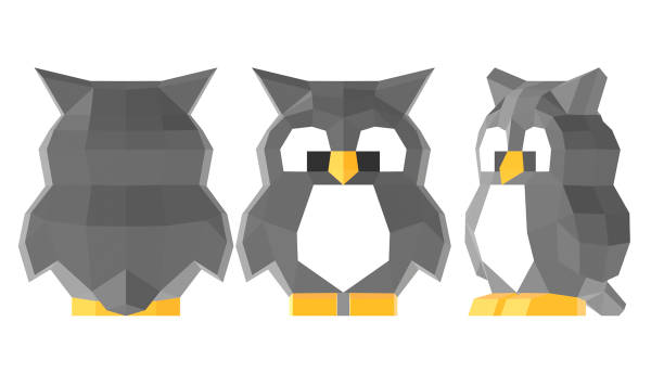 low poly cute baby owl from different sides, polygonal art, 3d render