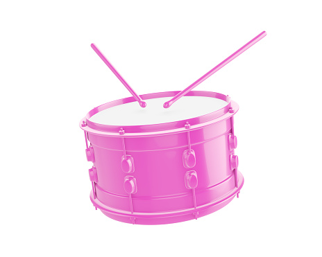 pink snare drum and drumsticks isolated on white background. 3d illustration