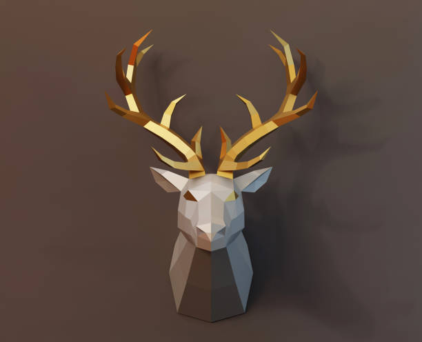 istock beautiful low poly deer trophy golden horns in full face, brown background, 3d render 1341326768