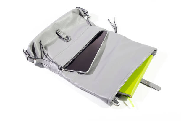 istock Modern woman accessories on white background. Things from open bag 1341327853
