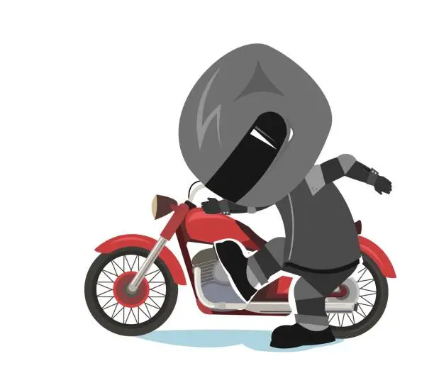 Vector illustration of Biker cartoon. Child illustration. Stamps his feet. Sports uniform and helmet. Cool motorcycle. Chopper bike. Funny motorcyclist. Isolated on background. Vector