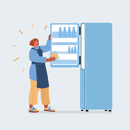 Vector illustration o woman standing near open refrigerator with cheese in his hands on white backround.