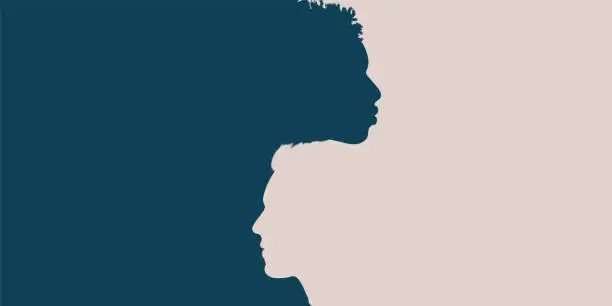 Vector illustration of Racial equality anti-racism concept poster. Profile head silhouette of African American man intersecting into another Caucasian man. Diversity multiethnic people.Diverse. Banner copy space