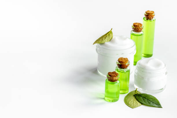 istock Tea tree cosmetics with essential oil and green leaves 1341333929