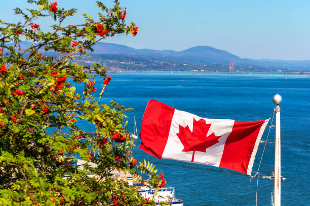 istock Canadian flag against blue sky 1341336973