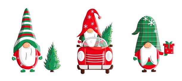 Christmas gnomes Set of christmas scandinavian gnome with a truck and new year tree. Holiday print or card. Vector illustration Gnome stock illustrations