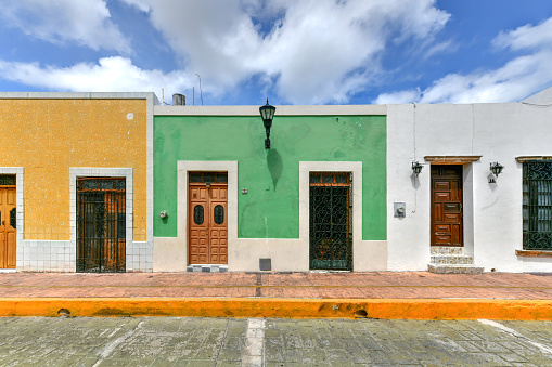 Bright colors in colonial houses on a sunny day in Campeche, Mexico.