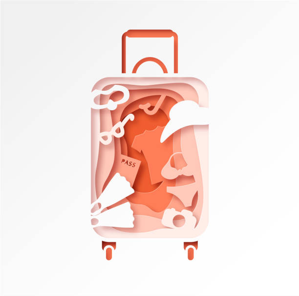 ilustrações de stock, clip art, desenhos animados e ícones de paper cut-out style travel suitcase. rest items inside luggage. vector - sunglasses luggage vector hat