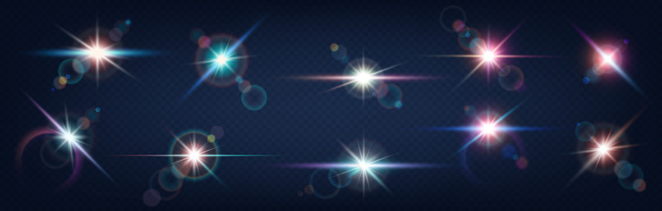 Realistic glowing lens flare light effect with stars and sparkles bursts on blue night sky background. Abstract spotlight splash set. Vector illustration