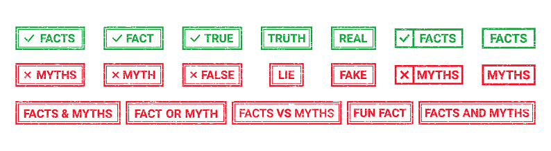 Fact Myth grunge rubber stamps, badges. Truth or false rectangular seal imprints. Vector illustration. Set green red emblems isolated on white background. Infographic labels.