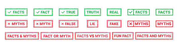 Fact Myth grunge rubber stamps. Vector illustration. Fact Myth grunge rubber stamps, badges. Truth or false rectangular seal imprints. Vector illustration. Set green red emblems isolated on white background. Infographic labels. fact bubble stock illustrations