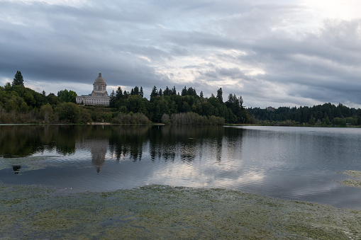The Olympia Washington State Capitol and Capitol Lake.