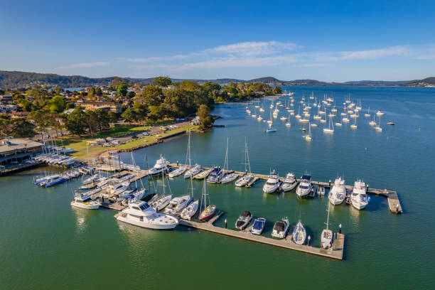 Aerial daytime waterscape with boats stock photo