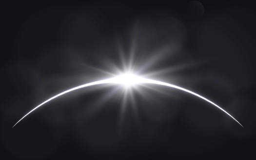Sun eclipse. Solar ring on dark backdrop. Planet with sun rays. Abstract light effect. White glow in space. Earth horizon with lights. Realistic sunrise with glares. Vector illustration.