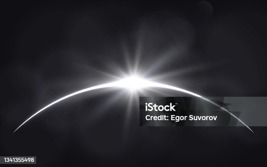 istock Sun eclipse. Solar ring on dark backdrop. Planet with sun rays. Abstract light effect. White glow in space. Earth horizon with lights. Realistic sunrise with glares. Vector illustration 1341355498