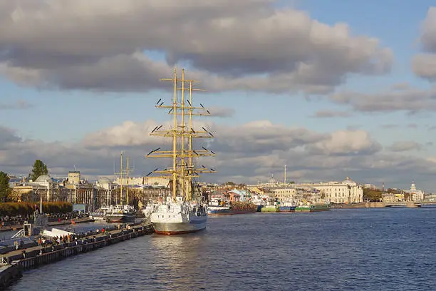 Sailing vessel at Neva-river embankment, Saint-Petersburg