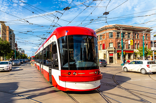 Modern tram in Toronto in a sunny day, Ontario, Canada