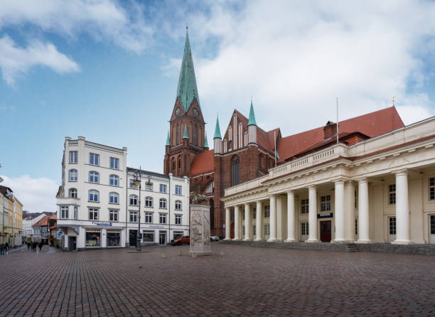 Schwerin, Germany - Jan 05, 2020: Schwerin Marktplatz and Cathedral - Schwerin, Germany