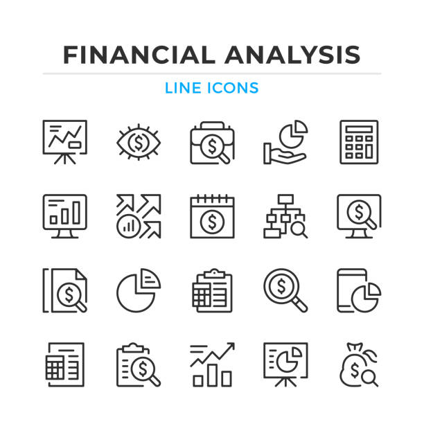 Financial analysis line icons set. Modern outline elements, graphic design concepts. Stroke, linear style. Simple symbols collection. Vector line icons - ilustração de arte vetorial