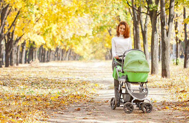 istock Happy young mother with baby in buggy 134136285