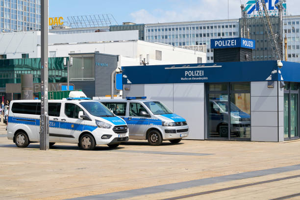 Police presence at the mobile police station on Alexanderplatz in Berlin stock photo