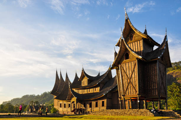 Tanah Datar, Indonesia - August 4, 2013: Pagaruyung Palace Complex Pagaruyung Palace is the royal palace of the former Pagaruyung Kingdom, located in Tanjung Emas subdistrict near Batusangkar town, Tanah Datar Regency, West Sumatra, Indonesia. Mentawai Islands stock pictures, royalty-free photos & images