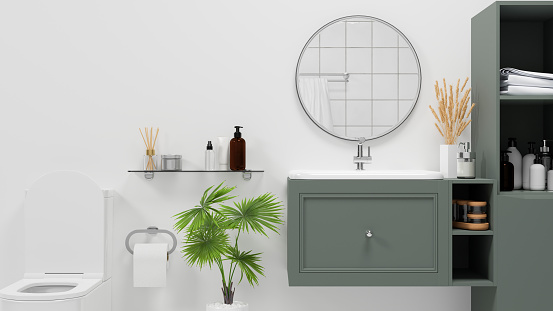 Scandinavian bathroom interior style with toilet bowl, round mirror, modern green cabinet and shelves over white wall. 3d rendering, 3d illustration