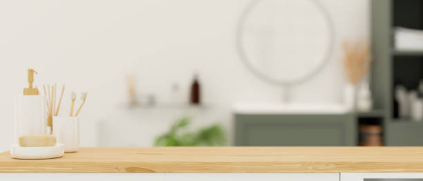 istock Mockup space for montage on wooden table top over Scandinavian bathroom 1341371621
