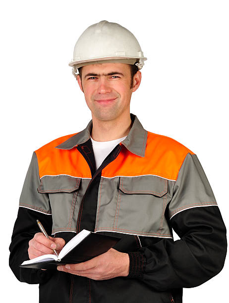 The chief engineer in a helmet stock photo