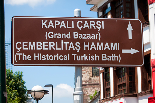 Direction signs to the Grand Bazaar and historic Turkish bath in Istanbul, Turkey