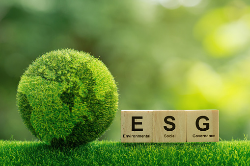 Concepto ESG de medio ambiente, social y gobernanza.palabras ESG en una xilografía Es una idea para el desarrollo organizacional sostenible. tiene en cuenta el medio ambiente, la sociedad y el gobierno corporativo photo