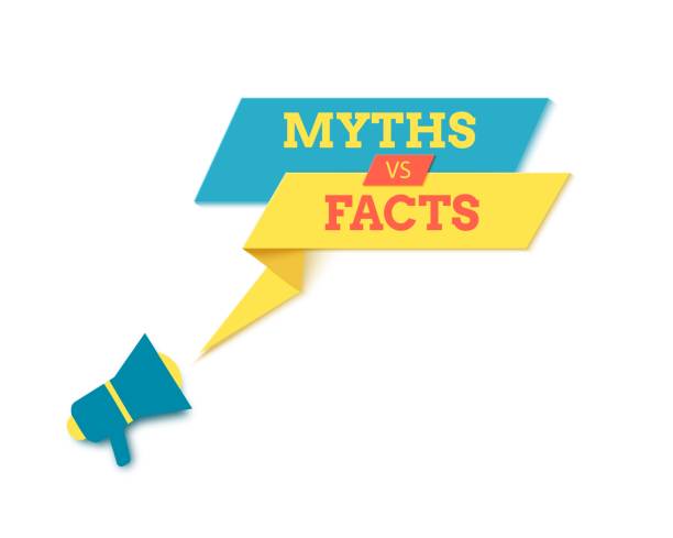 Myth vs fact yellow speech bubble in paper cut Myth vs fact yellow speech bubble in paper cut art. style banner with megaphone and geometric shapes. Vector colorful sticker with place for promotion text, price tag, sale ad. Papercut badge. fact bubble stock illustrations