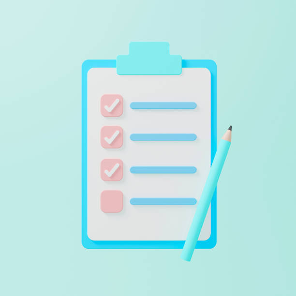 istock Clipboard with checklist and pencil on light blue background. 3d illustration 1341379524