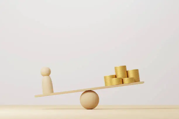 Coin stack compare wooden human on wood scale seesaw. 3d illustration