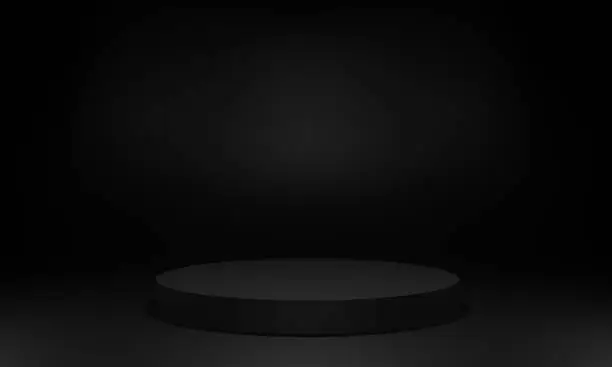 3D rendering of blank, large, flat circular display podium or pedestal with lighting against a black, dark background. Great template for exhibitions, product showcases, advertising and promotions.