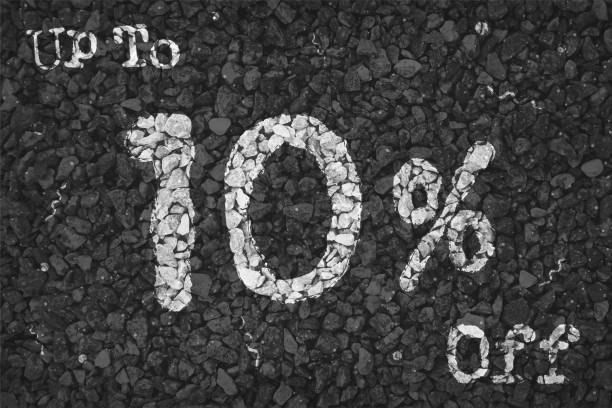 istock Black and white coloured pebbles making a rustic poster with text Up to 10 % Off painted on gravel road with small swirls pattern, for  up to ten percent SALE related vector backgrounds 1341381513