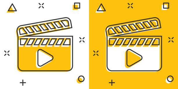 Film icon in comic style. Movie cartoon vector illustration on white isolated background. Clapper video splash effect business concept. vector art illustration
