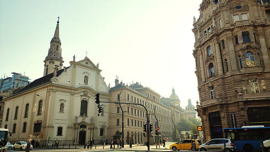 Budapest, Hungary - 27 Oct, 2019: Morning street view and historic building and church in Budapest, Hungary