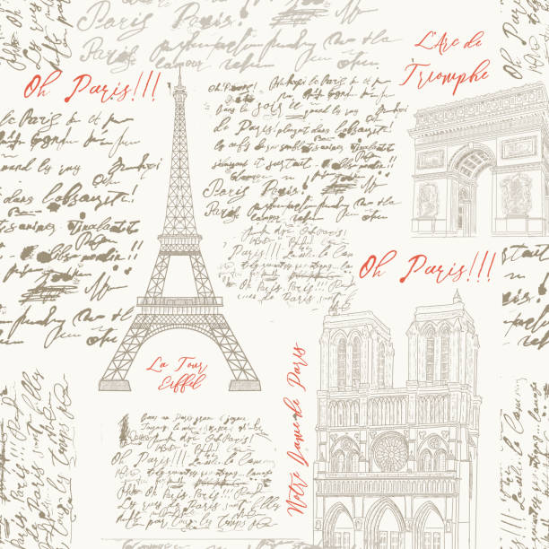 paris, nahtloses muster im vintage-stil - französische kultur stock-grafiken, -clipart, -cartoons und -symbole