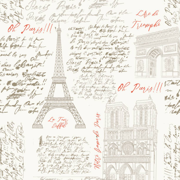 Paris, seamless pattern in vintage style Seamless pattern with the sights of Paris. The Eiffel Tower, Notre Dame de Paris, the Arc de Triomphe in the engraved style with handwritten text. french culture stock illustrations