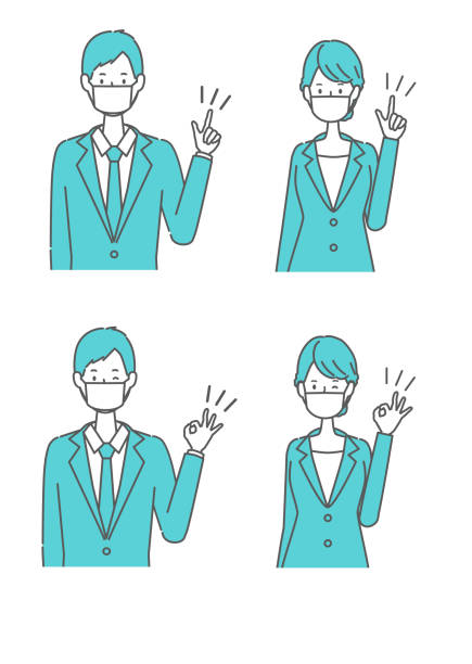 Men and women in suits wearing masks pointing their fingers and signing OK Men and women in suits wearing masks pointing their fingers and signing OK slenderman fictional character stock illustrations