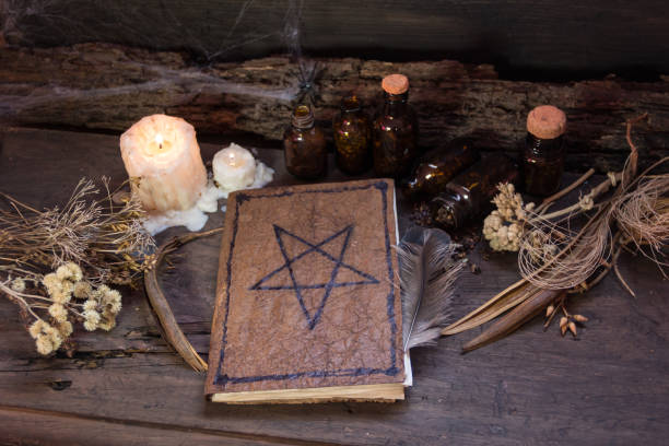 set of objects for witchcraft rituals, on rustic wood