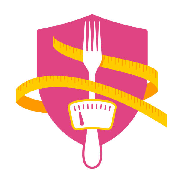 ilustrações de stock, clip art, desenhos animados e ícones de low cal diet icon - pink shield with fork and tape - tape measure illustrations